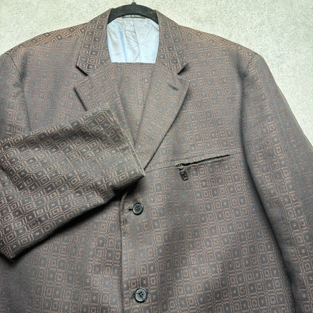 Versace Suit Brown Geometric Linen Blend Classic Fit Italian Two Piece 42L - Picture 5 of 16